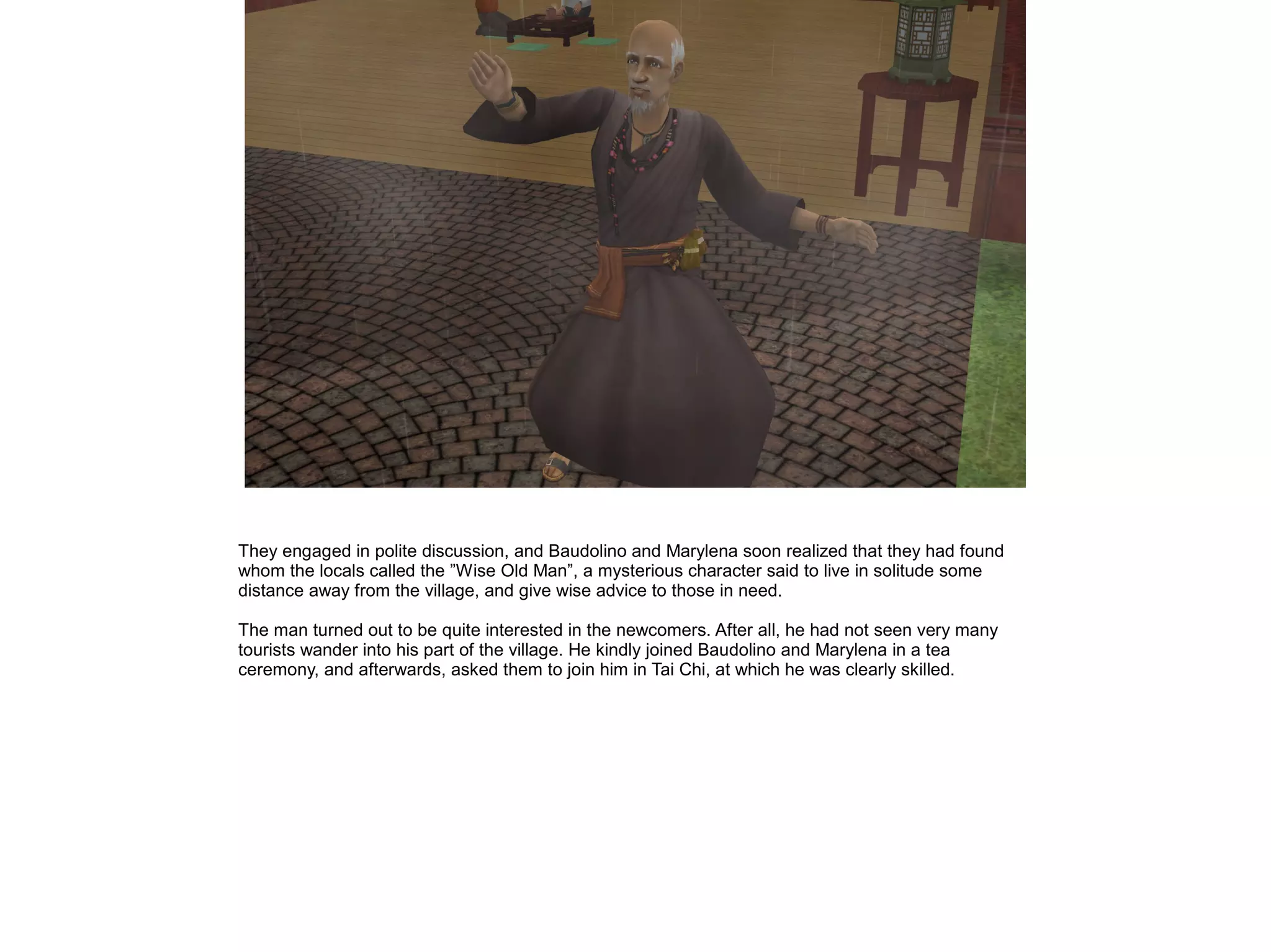 They engaged in polite discussion, and Baudolino and Marylena soon realized that they had found
whom the locals called the ”Wise Old Man”, a mysterious character said to live in solitude some
distance away from the village, and give wise advice to those in need.

The man turned out to be quite interested in the newcomers. After all, he had not seen very many
tourists wander into his part of the village. He kindly joined Baudolino and Marylena in a tea
ceremony, and afterwards, asked them to join him in Tai Chi, at which he was clearly skilled.
 