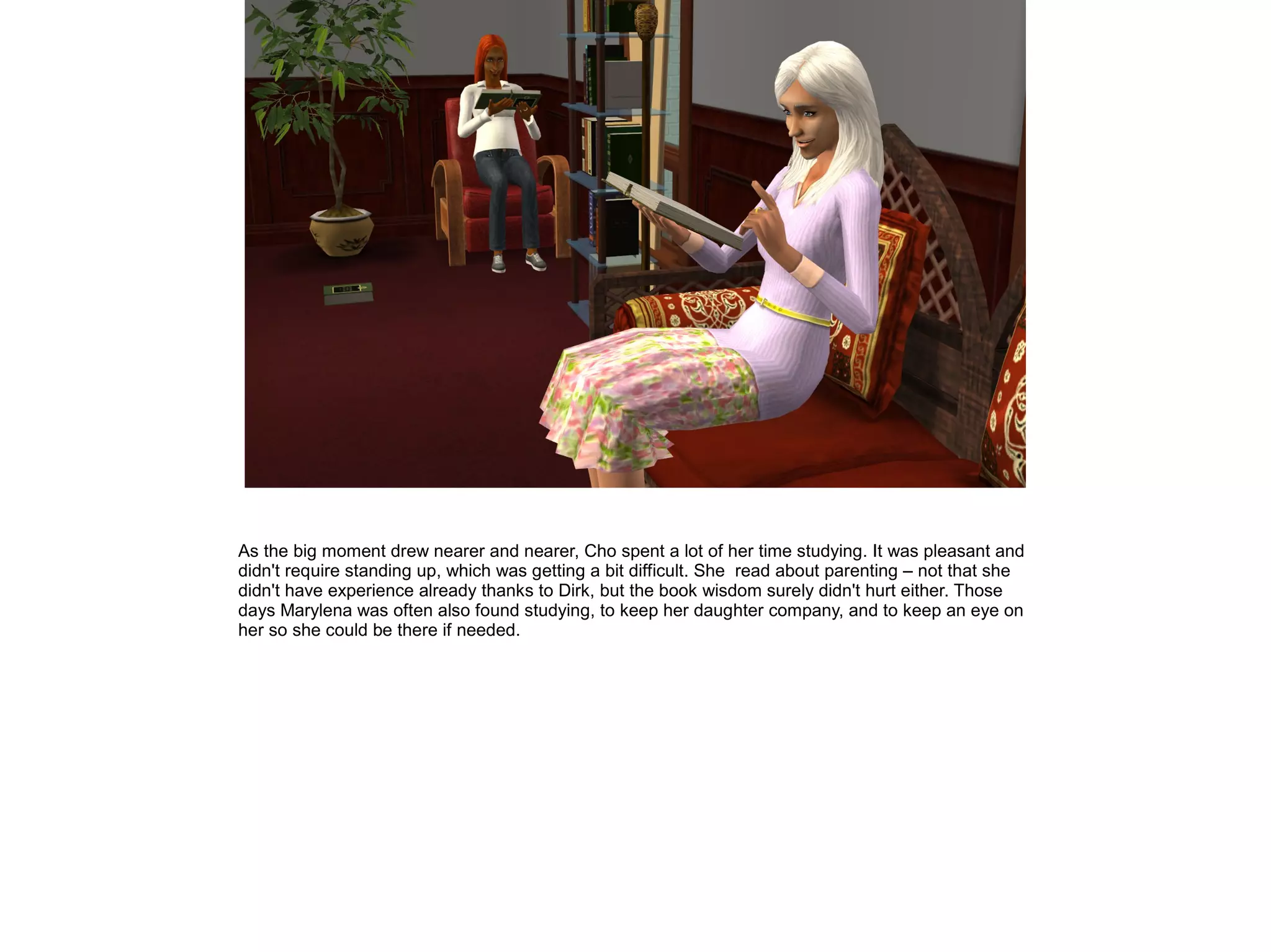 As the big moment drew nearer and nearer, Cho spent a lot of her time studying. It was pleasant and
didn't require standing up, which was getting a bit difficult. She read about parenting – not that she
didn't have experience already thanks to Dirk, but the book wisdom surely didn't hurt either. Those
days Marylena was often also found studying, to keep her daughter company, and to keep an eye on
her so she could be there if needed.
 