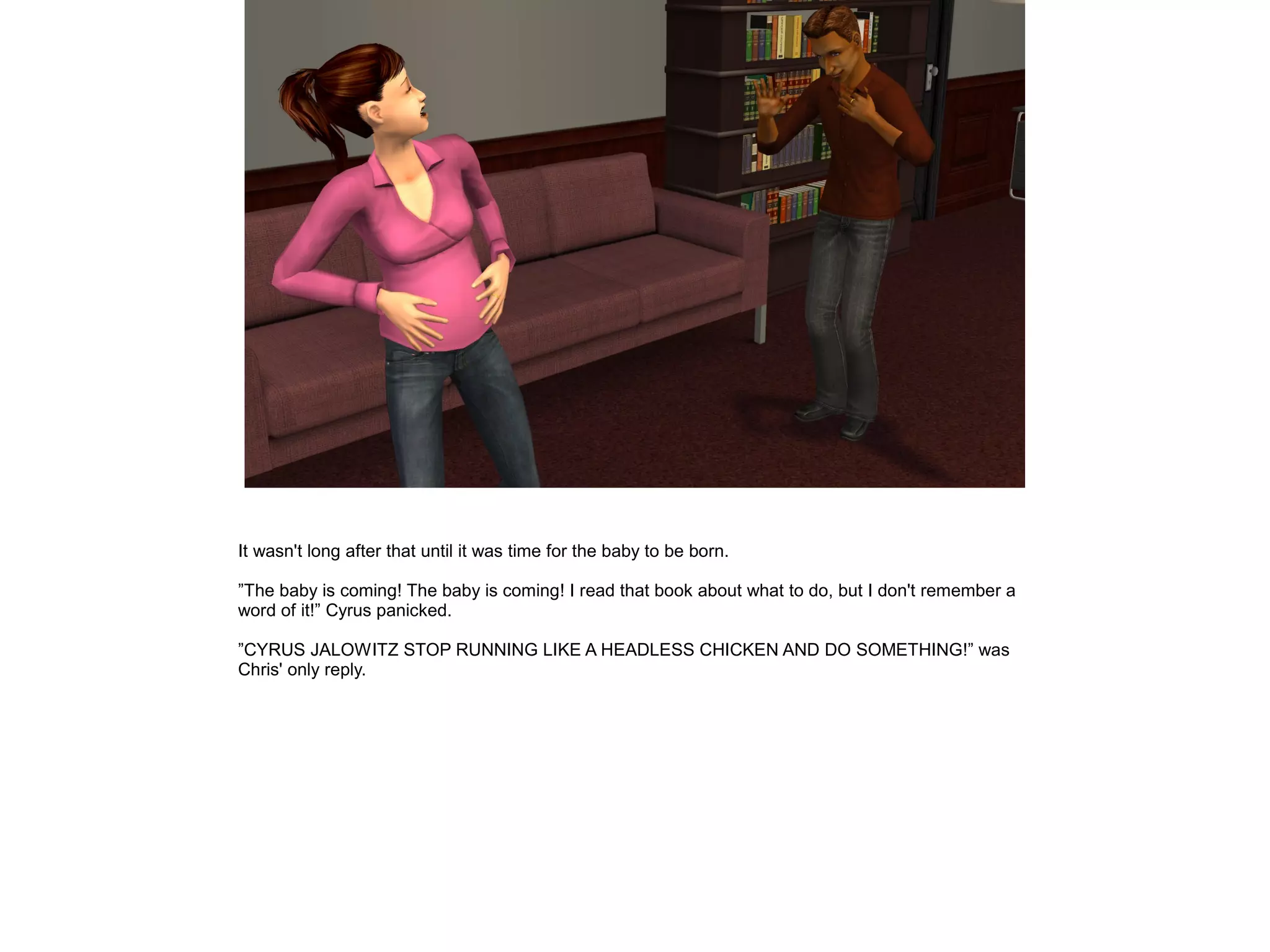 It wasn't long after that until it was time for the baby to be born.

”The baby is coming! The baby is coming! I read that book about what to do, but I don't remember a
word of it!” Cyrus panicked.

”CYRUS JALOWITZ STOP RUNNING LIKE A HEADLESS CHICKEN AND DO SOMETHING!” was
Chris' only reply.
 