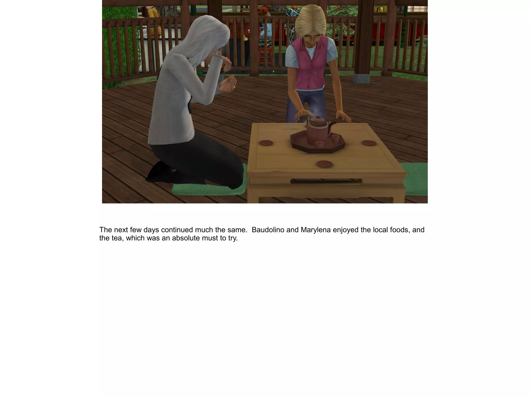 The next few days continued much the same. Baudolino and Marylena enjoyed the local foods, and
the tea, which was an absolute must to try.
 