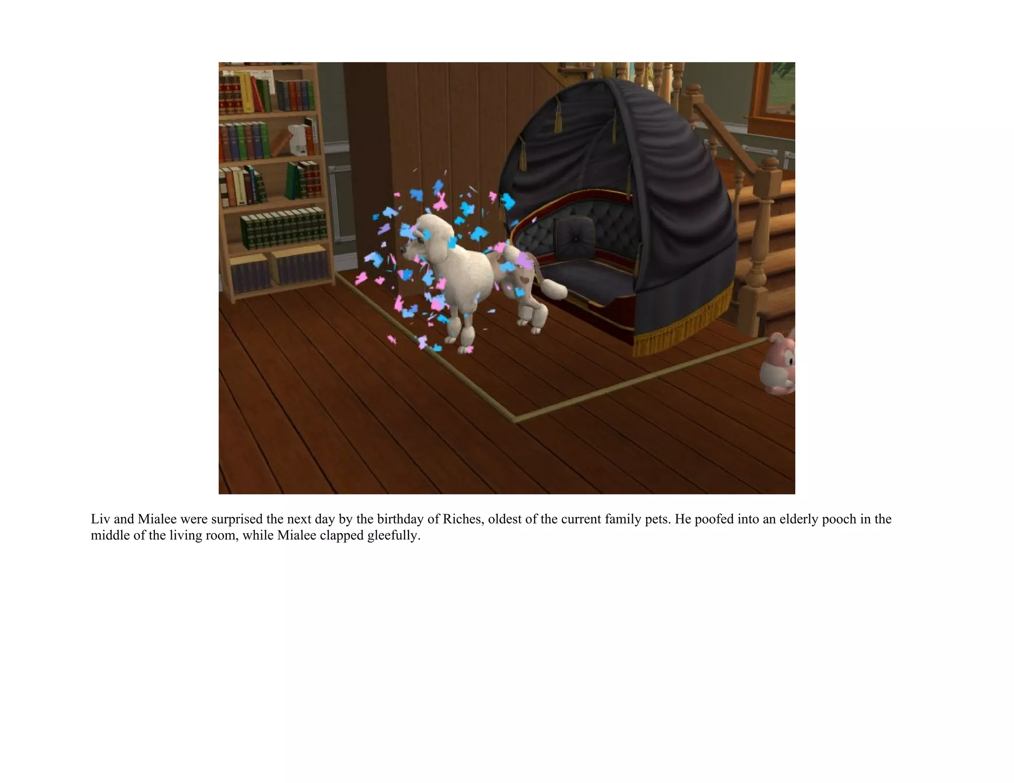 Liv and Mialee were surprised the next day by the birthday of Riches, oldest of the current family pets. He poofed into an elderly pooch in the
middle of the living room, while Mialee clapped gleefully.
 