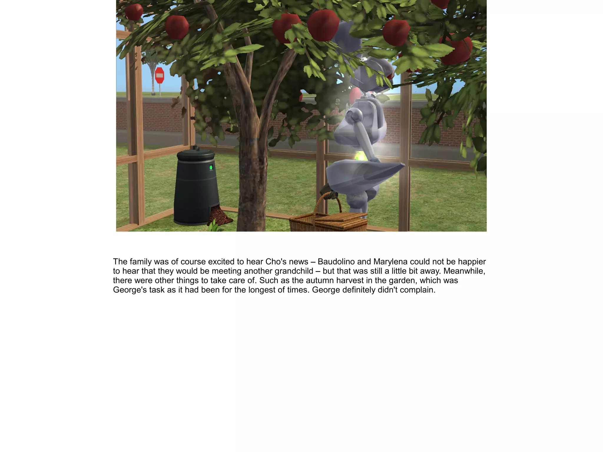The family was of course excited to hear Cho's news – Baudolino and Marylena could not be happier
to hear that they would be meeting another grandchild – but that was still a little bit away. Meanwhile,
there were other things to take care of. Such as the autumn harvest in the garden, which was
George's task as it had been for the longest of times. George definitely didn't complain.
 