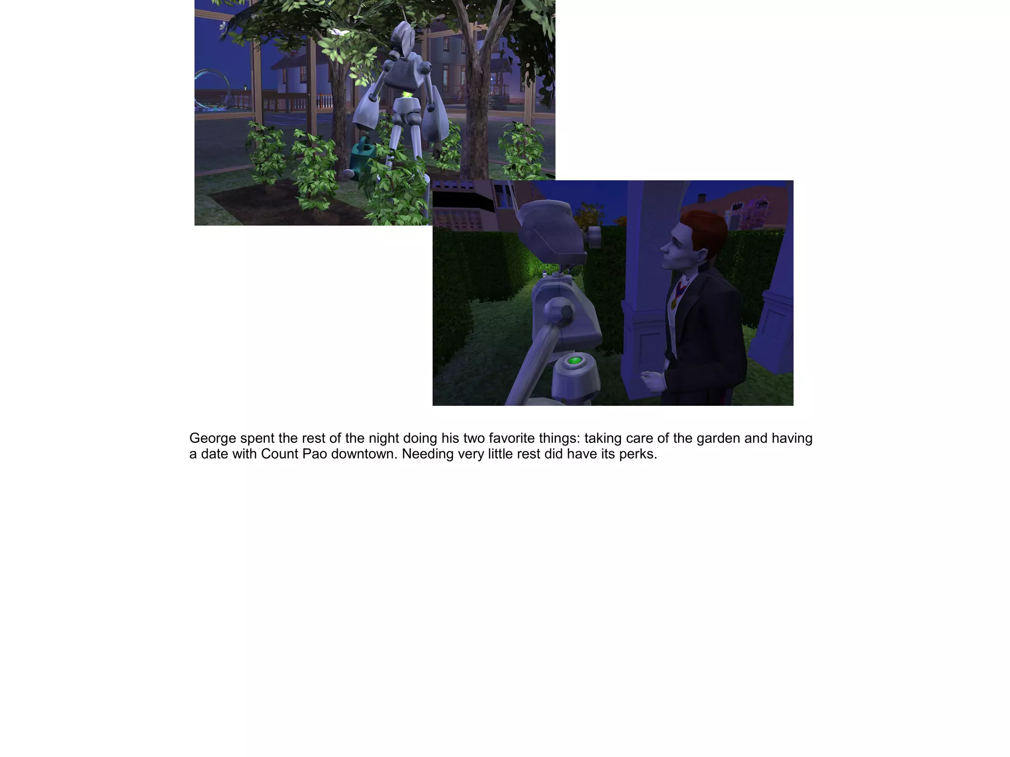 George spent the rest of the night doing his two favorite things: taking care of the garden and having
a date with Count Pao downtown. Needing very little rest did have its perks.
 