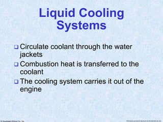 © Goodheart-Willcox Co., Inc. Permission granted to reproduce for educational use only
Liquid Cooling
Systems
 Circulate coolant through the water
jackets
 Combustion heat is transferred to the
coolant
 The cooling system carries it out of the
engine
 