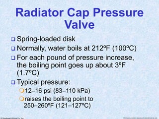 © Goodheart-Willcox Co., Inc. Permission granted to reproduce for educational use only
Radiator Cap Pressure
Valve
 Spring-loaded disk
 Normally, water boils at 212ºF (100ºC)
 For each pound of pressure increase,
the boiling point goes up about 3ºF
(1.7ºC)
 Typical pressure:
12–16 psi (83–110 kPa)
raises the boiling point to
250–260ºF (121–127ºC)
 