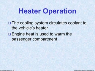 © Goodheart-Willcox Co., Inc. Permission granted to reproduce for educational use only
Heater Operation
 The cooling system circulates coolant to
the vehicle’s heater
 Engine heat is used to warm the
passenger compartment
 