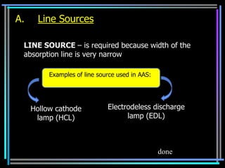 A.     Line Sources

 LINE SOURCE – is required because width of the
 absorption line is very narrow

          Examples of line source used in AAS:




     Hollow cathode           Electrodeless discharge
      lamp (HCL)                    lamp (EDL)



                                                 done
 