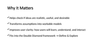Why It Matters
Helps check if ideas are realistic, useful, and desirable
Transforms assumptions into workable models
Improves user clarity: how users will learn, understand, and interact
Fits into the Double Diamond framework → Define & Explore
 
