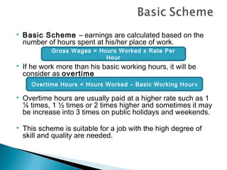    Basic Scheme – earnings are calculated based on the
    number of hours spent at his/her place of work.
             Gross Wages = Hours Worked x Rate Per
                             Hour
   If he work more than his basic working hours, it will be
    consider as overtime
      Overtime Hours = Hours Worked – Basic Working Hour s

   Overtime hours are usually paid at a higher rate such as 1
    ¼ times, 1 ½ times or 2 times higher and sometimes it may
    be increase into 3 times on public holidays and weekends.

   This scheme is suitable for a job with the high degree of
    skill and quality are needed.
 