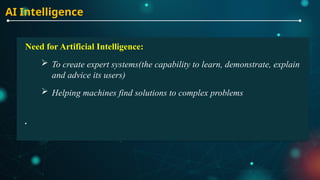 AI Intelligence
Need for Artificial Intelligence:
 To create expert systems(the capability to learn, demonstrate, explain
and advice its users)
 Helping machines find solutions to complex problems
.
 