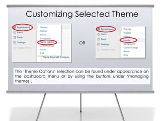 Customizing Selected Theme


                             OR




The ‘Theme Options’ selection can be found under appearance on
the dashboard menu or by using the buttons under ‘managing
themes’.
 