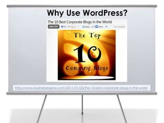 Why Use WordPress?




http://www.businessesgrow.com/2011/01/05/the-10-best-corporate-blogs-in-the-world
 