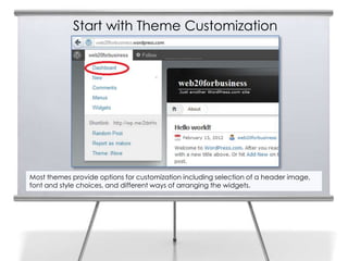 Start with Theme Customization




Most themes provide options for customization including selection of a header image,
font and style choices, and different ways of arranging the widgets.
 