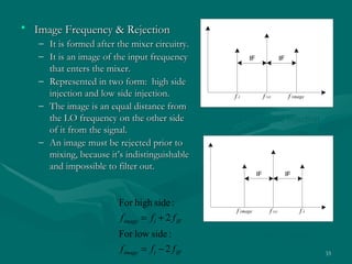 • Image Frequency & Rejection
   – It is formed after the mixer circuitry.
   – It is an image of the input frequency                    IF                  IF
     that enters the mixer.
   – Represented in two form: high side
     injection and low side injection.                  fi              f LO            f image
   – The image is an equal distance from
     the LO frequency on the other side           Fig. 3.12 High-side Injection
     of it from the signal.
   – An image must be rejected prior to
     mixing, because it’s indistinguishable
     and impossible to filter out.
                                                                   IF                  IF



                        For high side :
                                                         f image           f LO              fi
                         f image = f i + 2 f IF
                        For low side :             Fig. 3.13 Low-side Injection
                         f image = f i − 2 f IF                                                   33
 