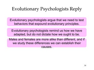 Evolutionary Psychologists Reply Evolutionary psychologists argue that we need to test behaviors that expound evolutionary...