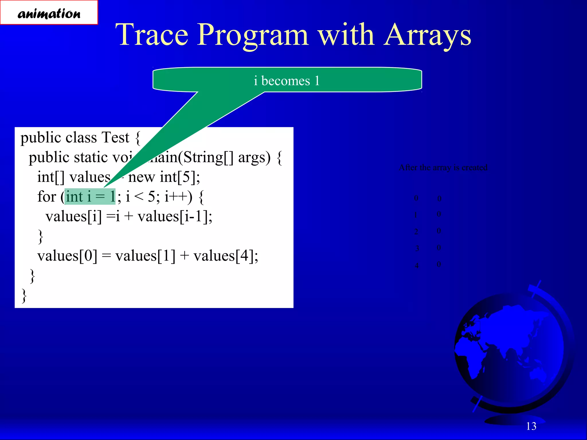 13 Trace Program with Arrays public class Test { public static void main(String[] args) { int[] values = new int[5]; for (int i = 1; i < 5; i++) { values[i] =i + values[i-1]; } values[0] = values[1] + values[4]; } } i becomes 1 After the array is created 0 1 2 3 4 0 0 0 0 0 animation 