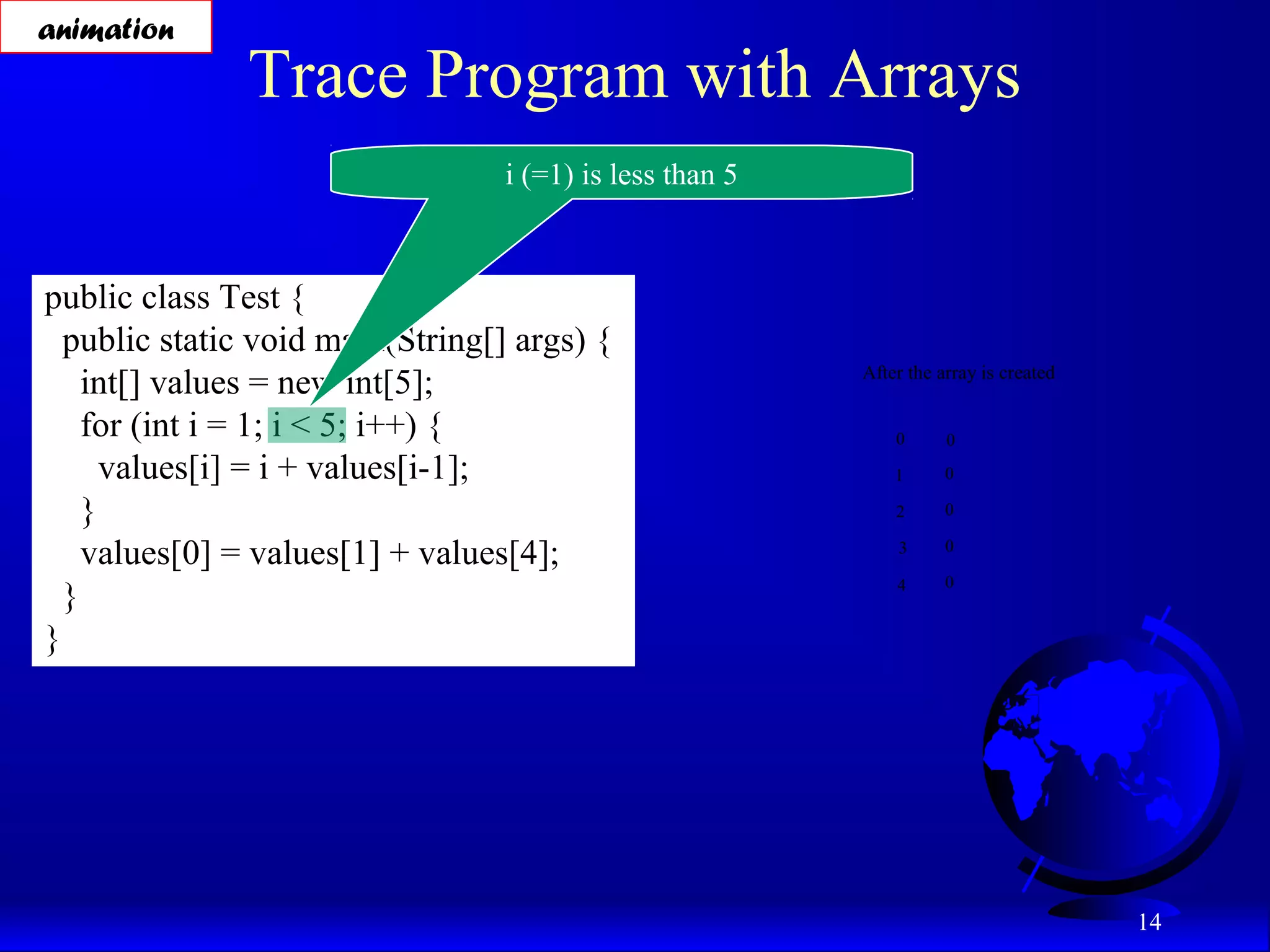 14 Trace Program with Arrays public class Test { public static void main(String[] args) { int[] values = new int[5]; for (int i = 1; i < 5; i++) { values[i] = i + values[i-1]; } values[0] = values[1] + values[4]; } } i (=1) is less than 5 After the array is created 0 1 2 3 4 0 0 0 0 0 animation 