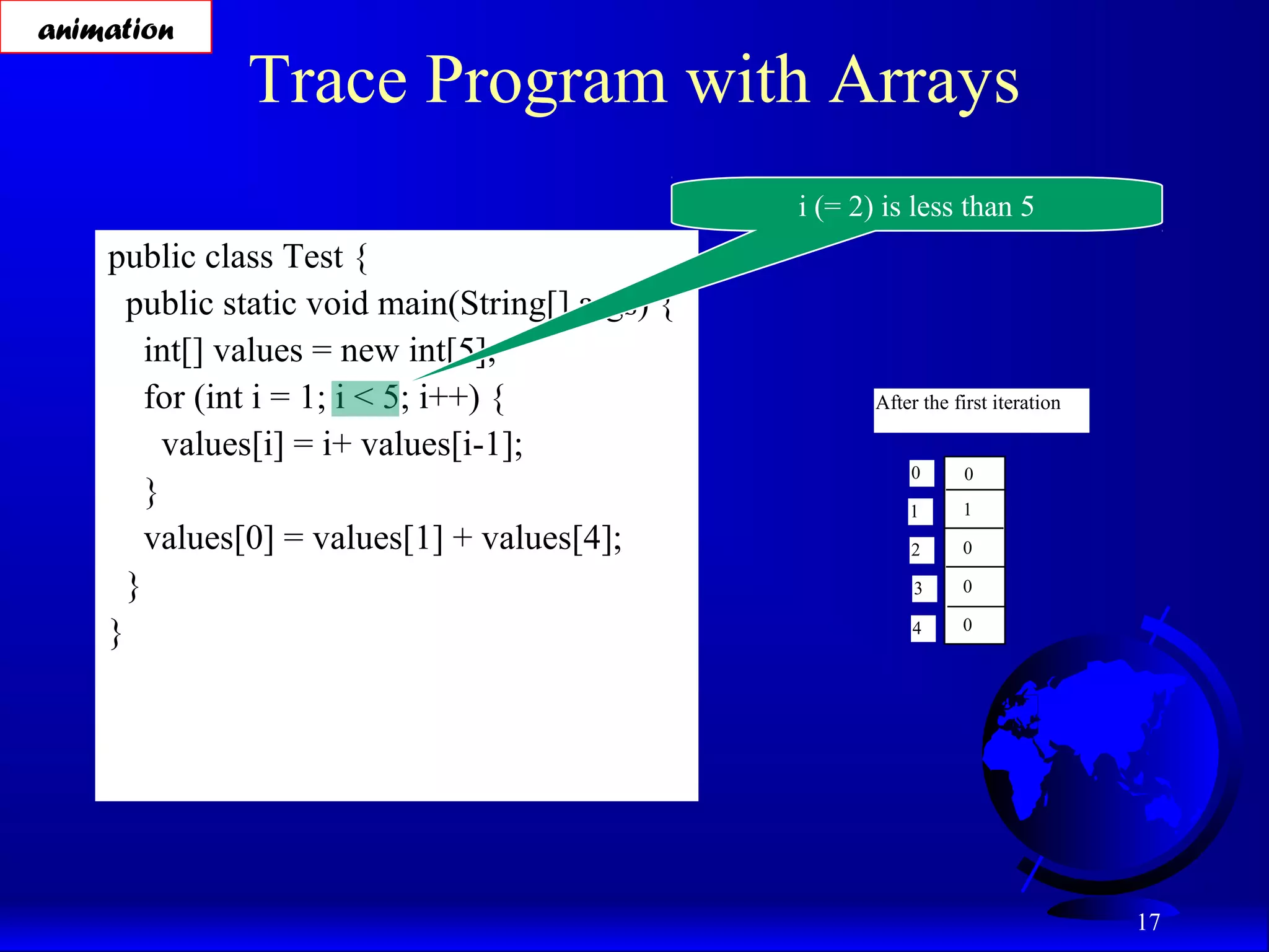 17 Trace Program with Arrays public class Test { public static void main(String[] args) { int[] values = new int[5]; for (int i = 1; i < 5; i++) { values[i] = i+ values[i-1]; } values[0] = values[1] + values[4]; } } i (= 2) is less than 5 animation After the first iteration 0 1 2 3 4 0 1 0 0 0 