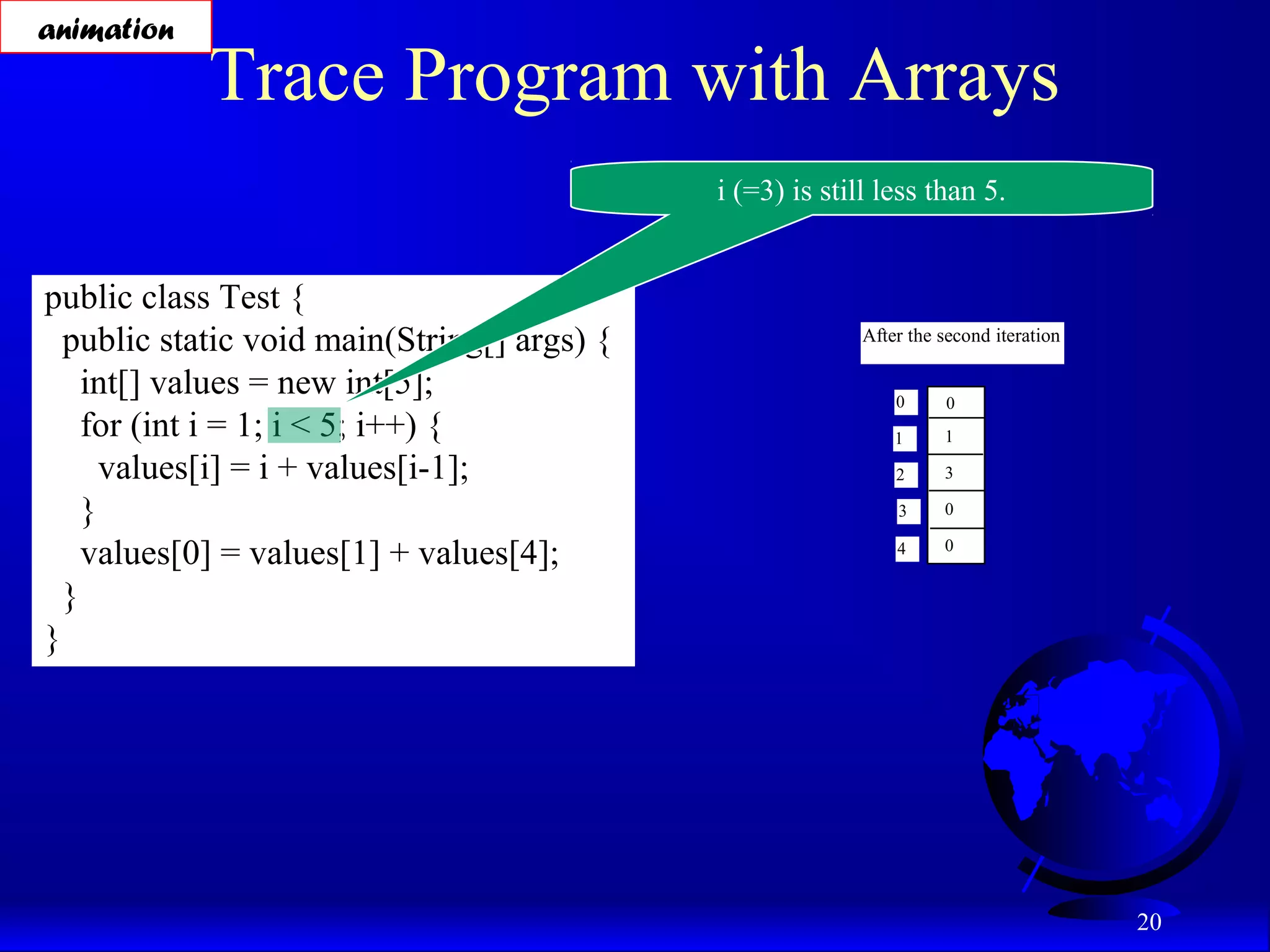 20 Trace Program with Arrays public class Test { public static void main(String[] args) { int[] values = new int[5]; for (int i = 1; i < 5; i++) { values[i] = i + values[i-1]; } values[0] = values[1] + values[4]; } } i (=3) is still less than 5. After the second iteration 0 1 2 3 4 0 1 3 0 0 animation 