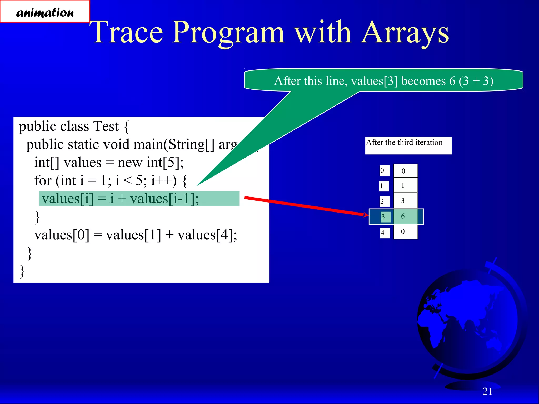 21 Trace Program with Arrays public class Test { public static void main(String[] args) { int[] values = new int[5]; for (int i = 1; i < 5; i++) { values[i] = i + values[i-1]; } values[0] = values[1] + values[4]; } } After this line, values[3] becomes 6 (3 + 3) After the third iteration 0 1 2 3 4 0 1 3 6 0 animation 