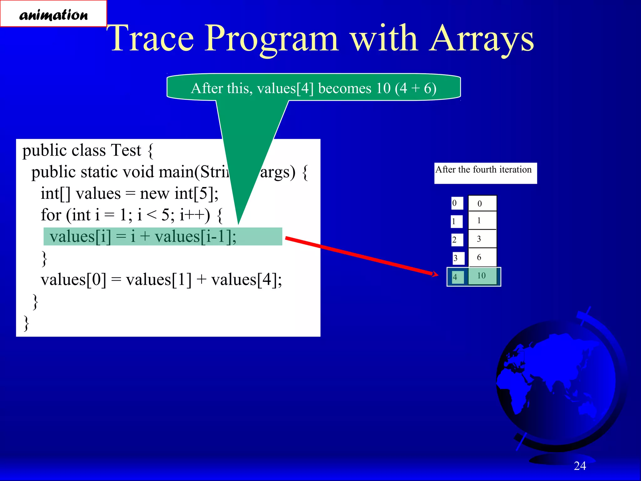 24 Trace Program with Arrays public class Test { public static void main(String[] args) { int[] values = new int[5]; for (int i = 1; i < 5; i++) { values[i] = i + values[i-1]; } values[0] = values[1] + values[4]; } } After this, values[4] becomes 10 (4 + 6) After the fourth iteration 0 1 2 3 4 0 1 3 6 10 animation 