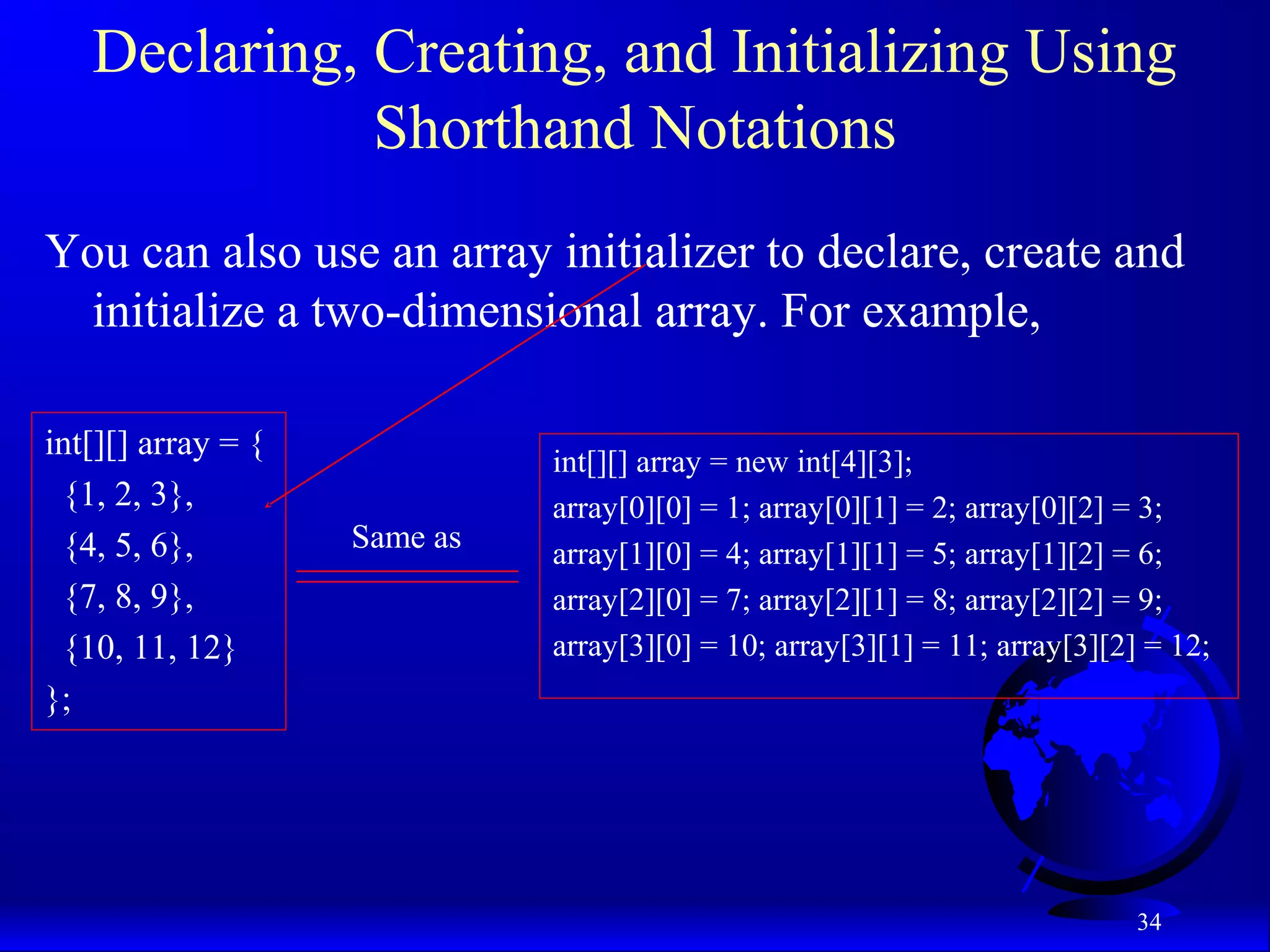 34 Declaring, Creating, and Initializing Using Shorthand Notations You can also use an array initializer to declare, create and initialize a two-dimensional array. For example, int[][] array = new int[4][3]; array[0][0] = 1; array[0][1] = 2; array[0][2] = 3; array[1][0] = 4; array[1][1] = 5; array[1][2] = 6; array[2][0] = 7; array[2][1] = 8; array[2][2] = 9; array[3][0] = 10; array[3][1] = 11; array[3][2] = 12; int[][] array = { {1, 2, 3}, {4, 5, 6}, {7, 8, 9}, {10, 11, 12} }; Same as 
