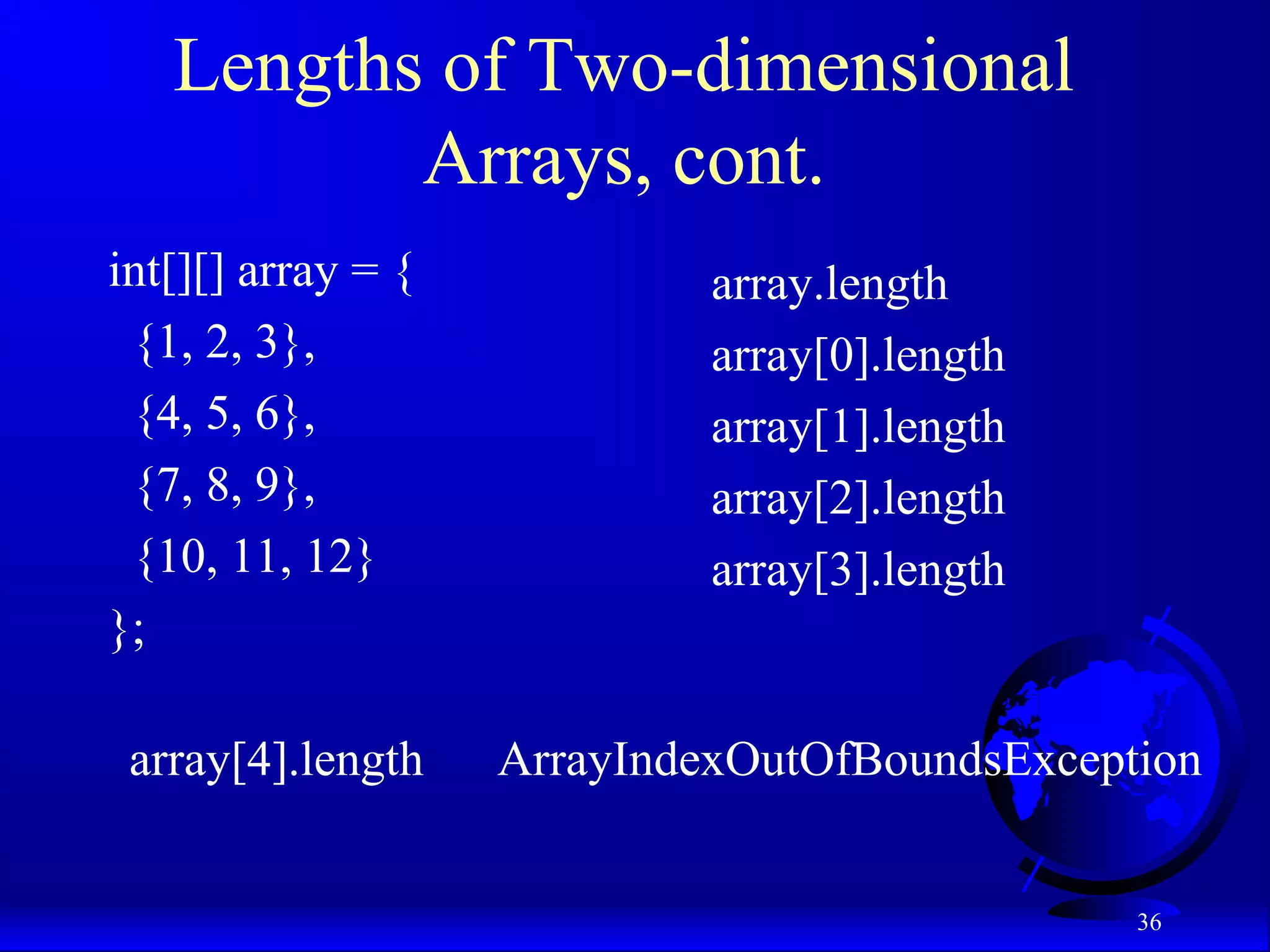36 Lengths of Two-dimensional Arrays, cont. int[][] array = { {1, 2, 3}, {4, 5, 6}, {7, 8, 9}, {10, 11, 12} }; array.length array[0].length array[1].length array[2].length array[3].length array[4].length ArrayIndexOutOfBoundsException 