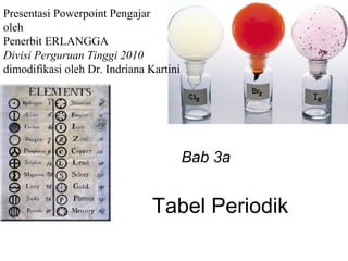 Bab 3a 
Presentasi Powerpoint Pengajar 
oleh 
Penerbit ERLANGGA 
Divisi Perguruan Tinggi 2010 
dimodifikasi oleh Dr. Indriana Kartini 
Tabel Periodik 
 