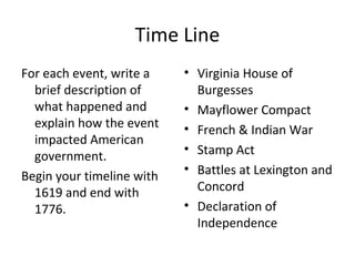 Time Line
For each event, write a    • Virginia House of
  brief description of       Burgesses
  what happened and        • Mayflower Compact
  explain how the event    • French & Indian War
  impacted American
                           • Stamp Act
  government.
                           • Battles at Lexington and
Begin your timeline with
  1619 and end with          Concord
  1776.                    • Declaration of
                             Independence
 