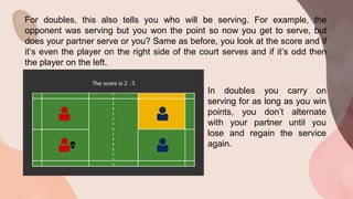 For doubles, this also tells you who will be serving. For example, the
opponent was serving but you won the point so now you get to serve, but
does your partner serve or you? Same as before, you look at the score and if
it’s even the player on the right side of the court serves and if it’s odd then
the player on the left.
In doubles you carry on
serving for as long as you win
points, you don’t alternate
with your partner until you
lose and regain the service
again.
 