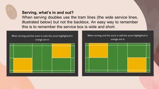 Serving, what’s in and out?
When serving doubles use the tram lines (the wide service lines,
illustrated below) but not the backbox. An easy way to remember
this is to remember the service box is wide and short.
 