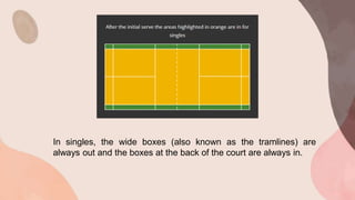 In singles, the wide boxes (also known as the tramlines) are
always out and the boxes at the back of the court are always in.
 