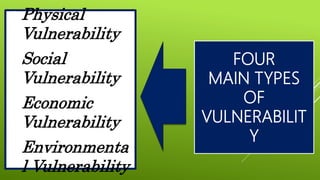 FOUR
MAIN TYPES
OF
VULNERABILIT
Y
1. Physical
Vulnerability
2. Social
Vulnerability
3. Economic
Vulnerability
4. Environmenta
l Vulnerability
 