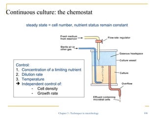 Continuous culture: the chemostat
steady state = cell number, nutrient status remain constant

Control:
1. Concentration o...