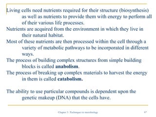 Living cells need nutrients required for their structure (biosynthesis)
as well as nutrients to provide them with energy t...