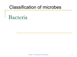 Classification of microbes

Bacteria

Chapter 3 : Techniques in microbiology

8

 