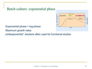 Batch culture: exponential phase

Exponential phase = log-phase
Maximum growth rates
„midexponential“: bacteria often used...