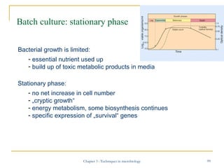 Batch culture: stationary phase
Bacterial growth is limited:
- essential nutrient used up
- build up of toxic metabolic pr...