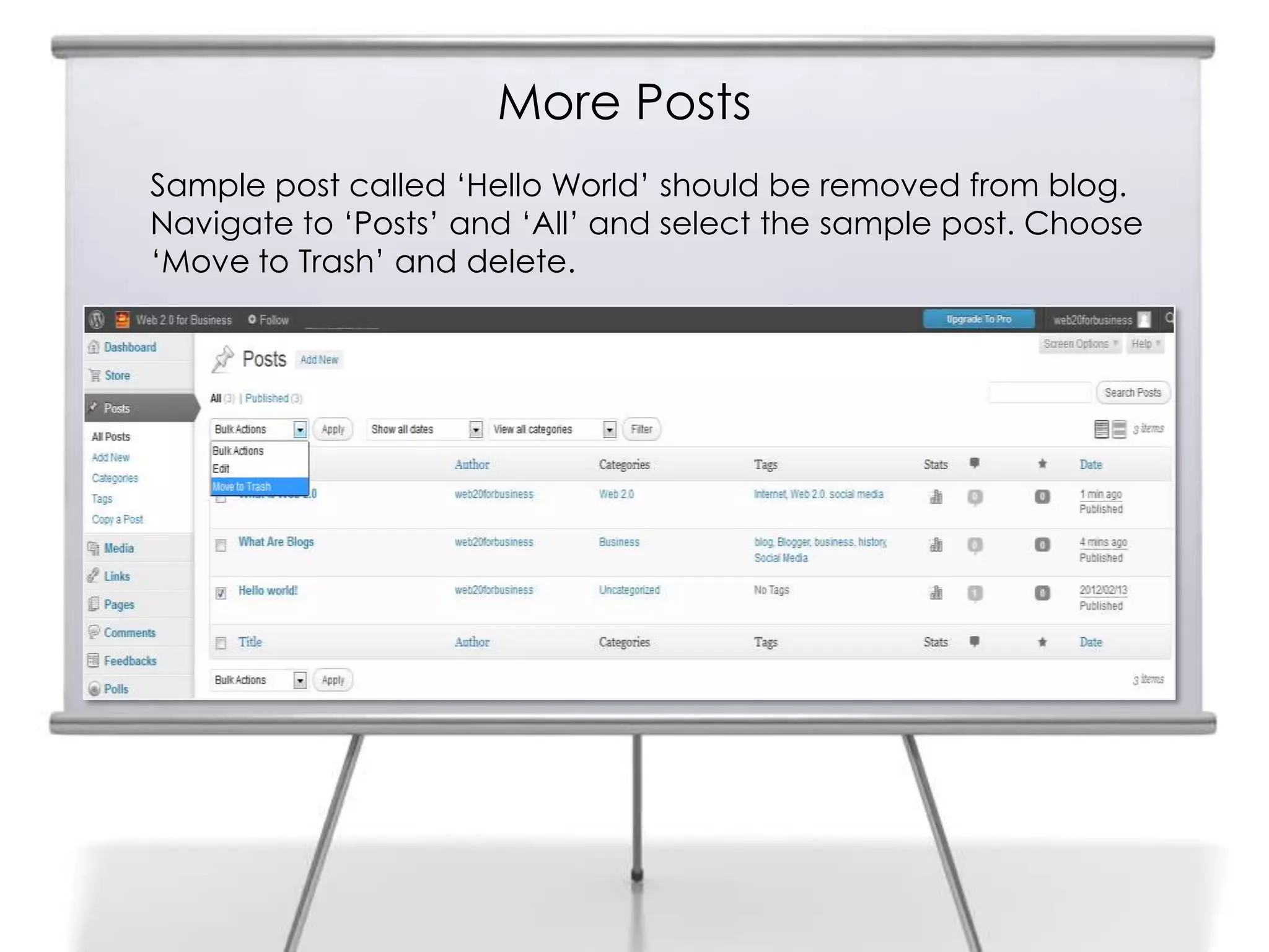 More Posts
Sample post called „Hello World‟ should be removed from blog.
Navigate to „Posts‟ and „All‟ and select the sample post. Choose
„Move to Trash‟ and delete.
 