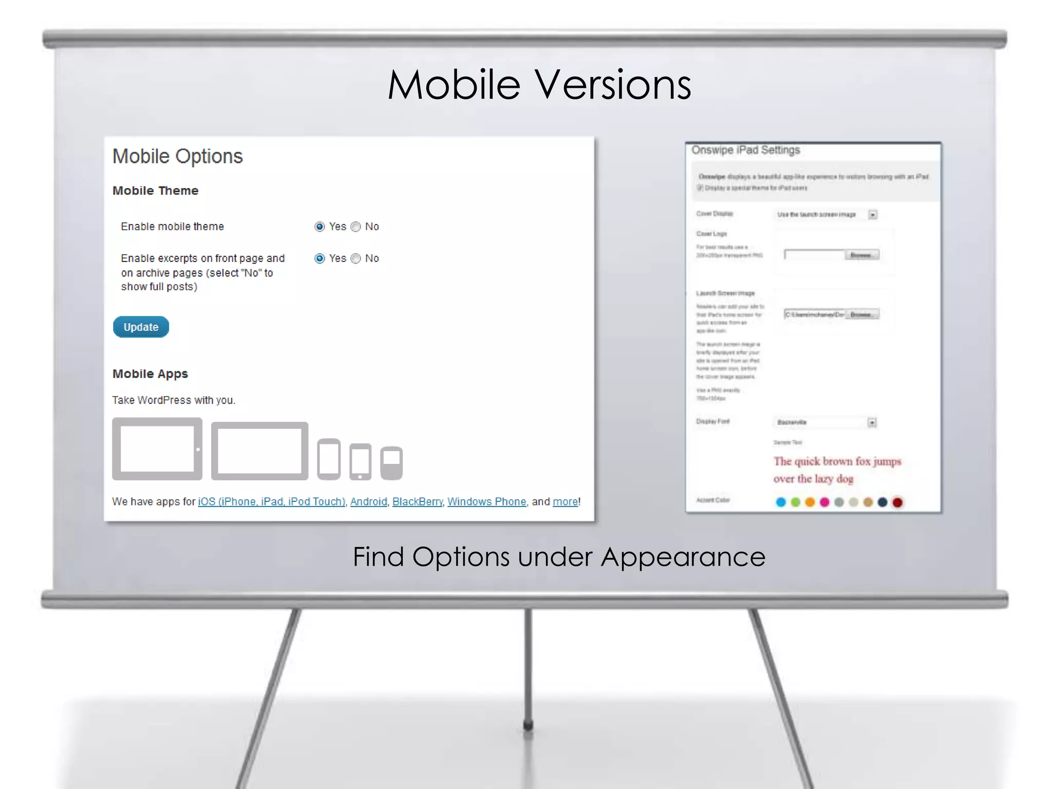 Mobile Versions
Find Options under Appearance
 