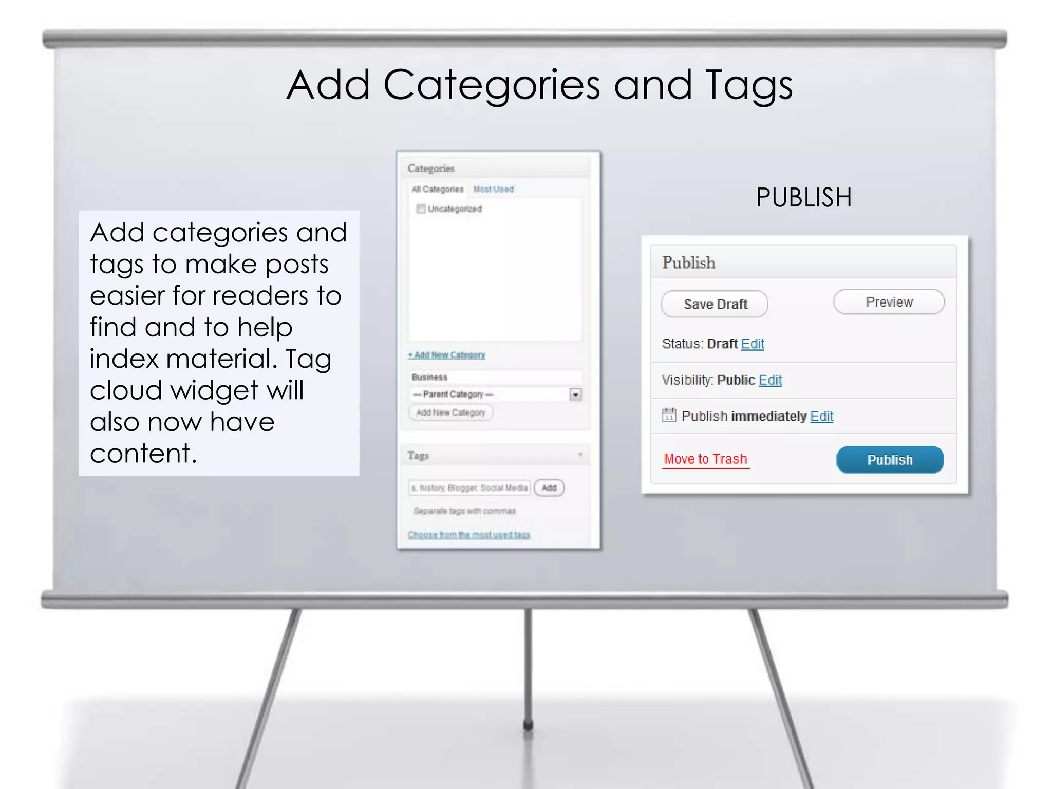 Add Categories and Tags
Add categories and
tags to make posts
easier for readers to
find and to help
index material. Tag
cloud widget will
also now have
content.
PUBLISH
 
