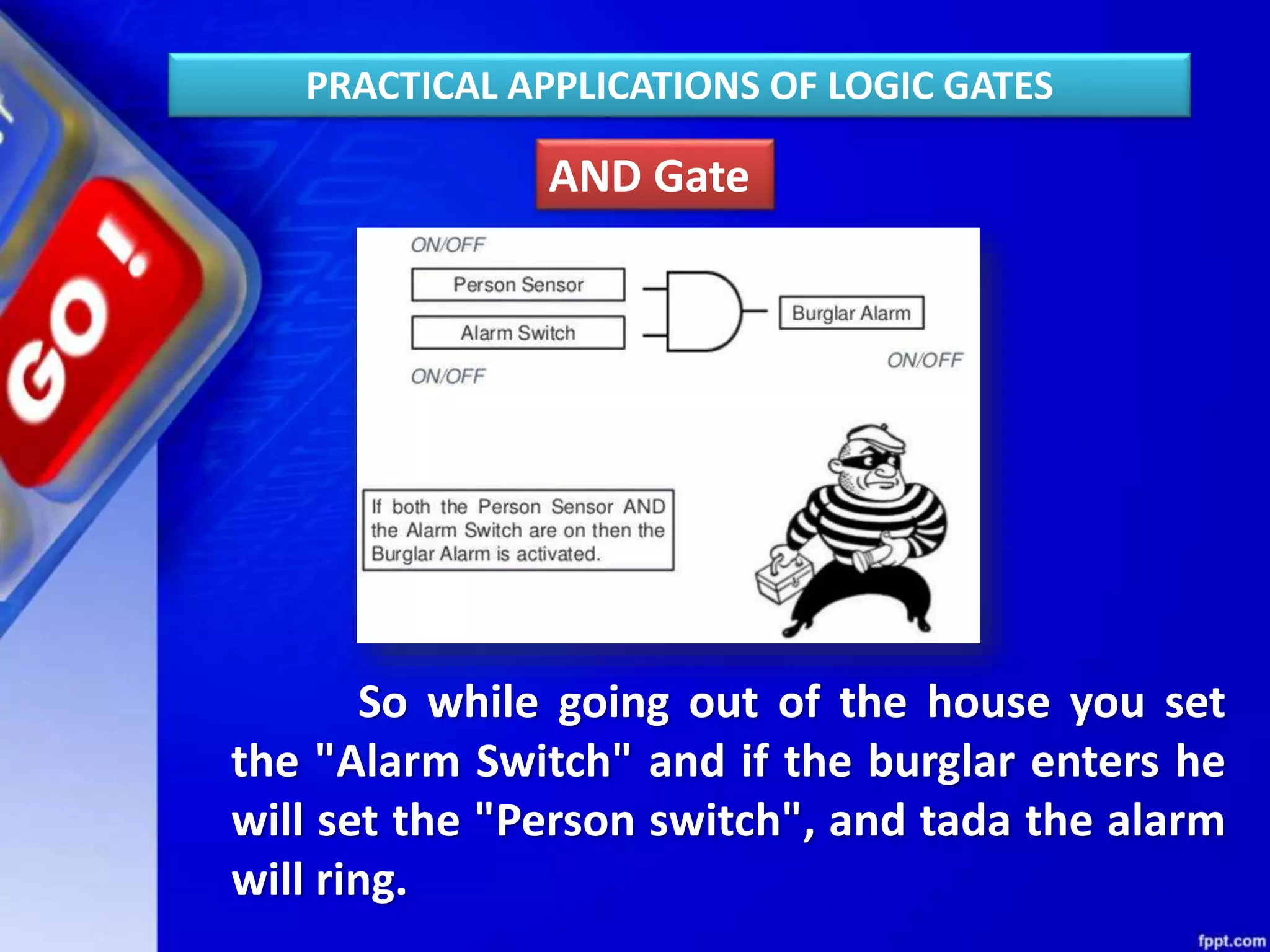 AND Gate
So while going out of the house you set
the "Alarm Switch" and if the burglar enters he
will set the "Person switch", and tada the alarm
will ring.
PRACTICAL APPLICATIONS OF LOGIC GATES
 