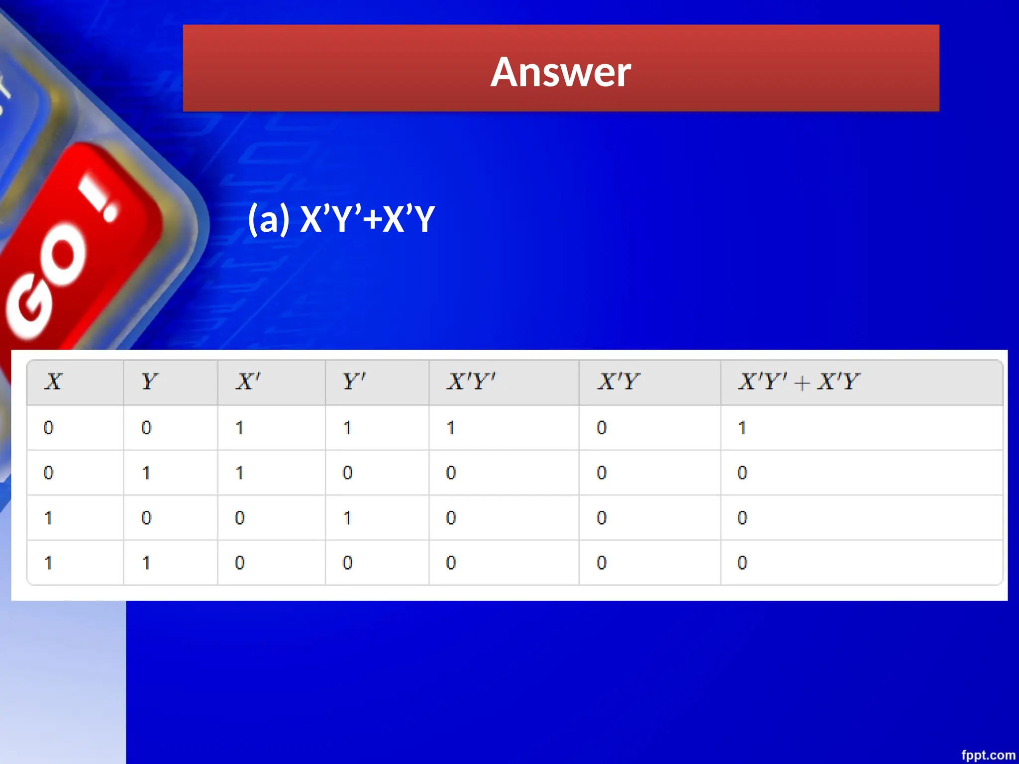 Answer
(a) X’Y’+X’Y
 