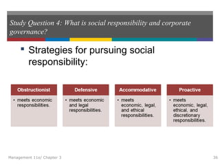 Study Question 4: What is social responsibility and corporate
governance?
 Strategies for pursuing social
responsibility:
Management 11e/ Chapter 3 36
 