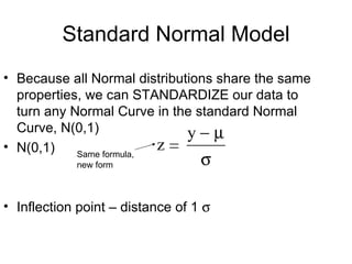 Standard Normal Model Because all Normal distributions share the same properties, we can STANDARDIZE our data to turn any Normal Curve in the standard Normal Curve, N(0,1) N(0,1) Inflection point – distance of 1   Same formula, new form 