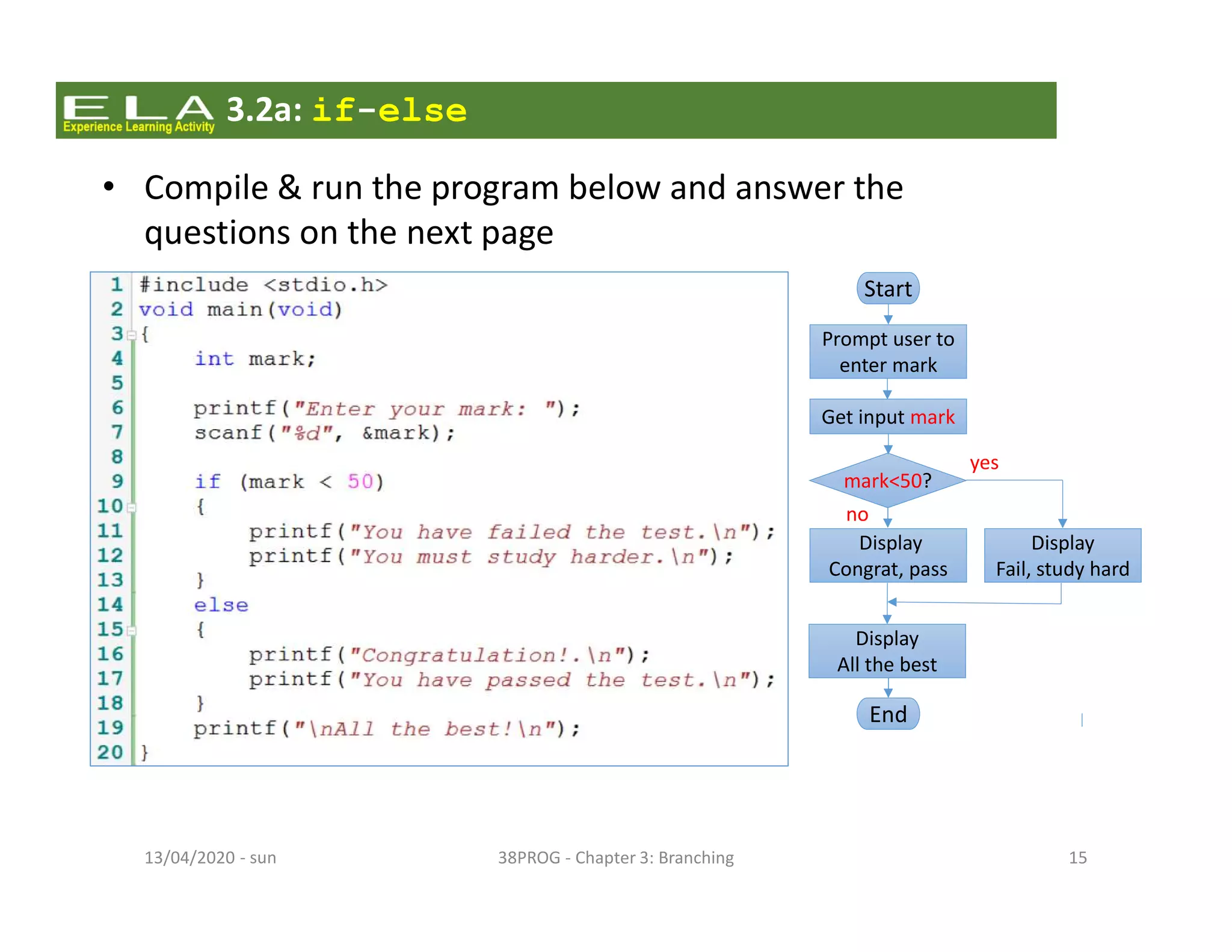 - sun13/04/2020 38PROG - Chapter 3: Branching 15
3.2a: if-else
Start
Prompt user to
enter mark
Get input mark
End
mark<50?
yes
no
Display
Congrat, pass
Display
Fail, study hard
Display
All the best
• Compile & run the program below and answer the
questions on the next page
 