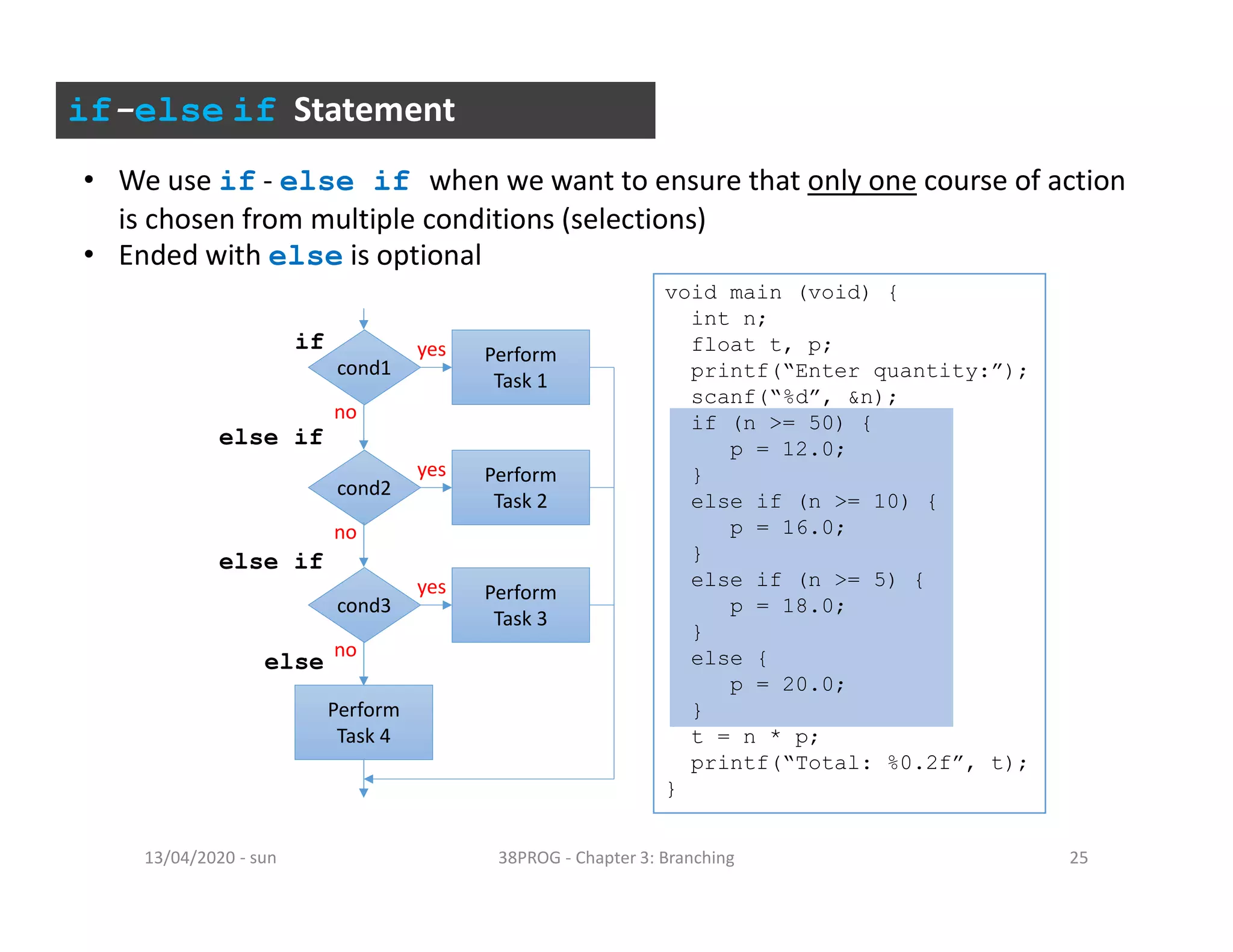 - sun13/04/2020 38PROG - Chapter 3: Branching 25
if-else if Statement
• We use if - else if when we want to ensure that only one course of action
is chosen from multiple conditions (selections)
• Ended with else is optional
void main (void) {
int n;
float t, p;
printf(“Enter quantity:”);
scanf(“%d”, &n);
if (n >= 50) {
p = 12.0;
}
else if (n >= 10) {
p = 16.0;
}
else if (n >= 5) {
p = 18.0;
}
else {
p = 20.0;
}
t = n * p;
printf(“Total: %0.2f”, t);
}
cond1
Perform
Task 1
yes
no
cond2
Perform
Task 2
yes
no
cond3
Perform
Task 3
yes
no
Perform
Task 4
if
else if
else if
else
 