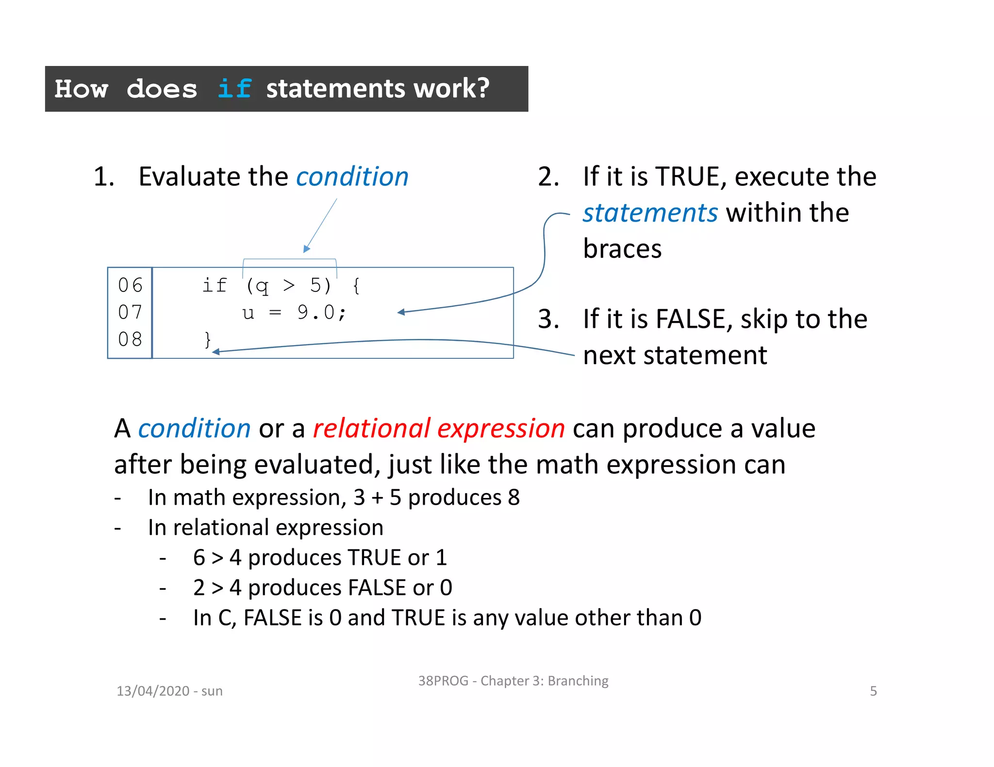 - sun13/04/2020
38PROG - Chapter 3: Branching
5
How does if statements work?
if (q > 5) {
u = 9.0;
}
06
07
08
1. Evaluate the condition 2. If it is TRUE, execute the
statements within the
braces
3. If it is FALSE, skip to the
next statement
A condition or a relational expression can produce a value
after being evaluated, just like the math expression can
- In math expression, 3 + 5 produces 8
- In relational expression
- 6 > 4 produces TRUE or 1
- 2 > 4 produces FALSE or 0
- In C, FALSE is 0 and TRUE is any value other than 0
 