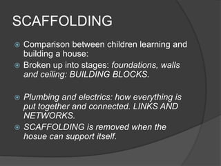 SCAFFOLDING
 Comparison between children learning and
  building a house:
 Broken up into stages: foundations, walls
  and ceiling: BUILDING BLOCKS.

 Plumbing and electrics: how everything is
  put together and connected. LINKS AND
  NETWORKS.
 SCAFFOLDING is removed when the
  hosue can support itself.
 