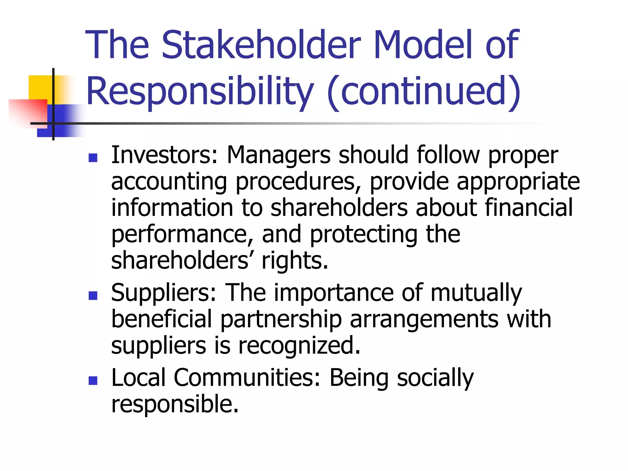 The Stakeholder Model of
Responsibility (continued)
 Investors: Managers should follow proper
accounting procedures, provide appropriate
information to shareholders about financial
performance, and protecting the
shareholders’ rights.
 Suppliers: The importance of mutually
beneficial partnership arrangements with
suppliers is recognized.
 Local Communities: Being socially
responsible.
 